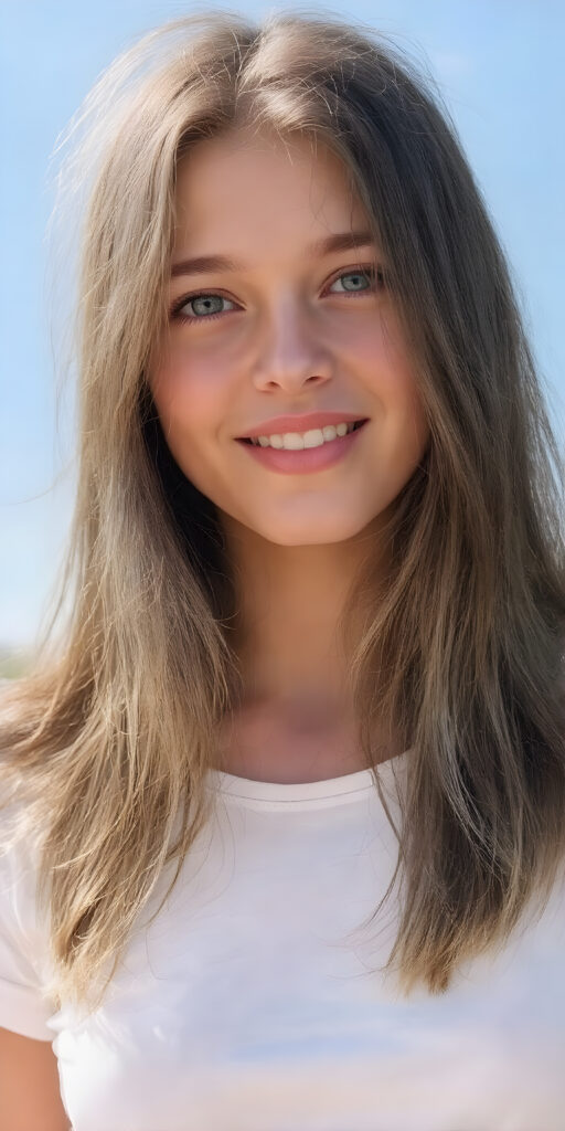 a realistic and detailed upper body portrait of a (((stunning))), ((gorgeous)), a young adult girl with straight soft long (((dark brown chocolate copper hair))), her hair falls gently over her upper body, it is the same length on both sides and ((vividly captivating (hazel eyes) that draw you in. She stands in a (sunlit meadow) under a clear blue sky, wearing a (soft, sheer cropped (white t-shirt). The overall atmosphere should convey a sense of innocent beauty and (softness), she smiles, open mouth, white teeth