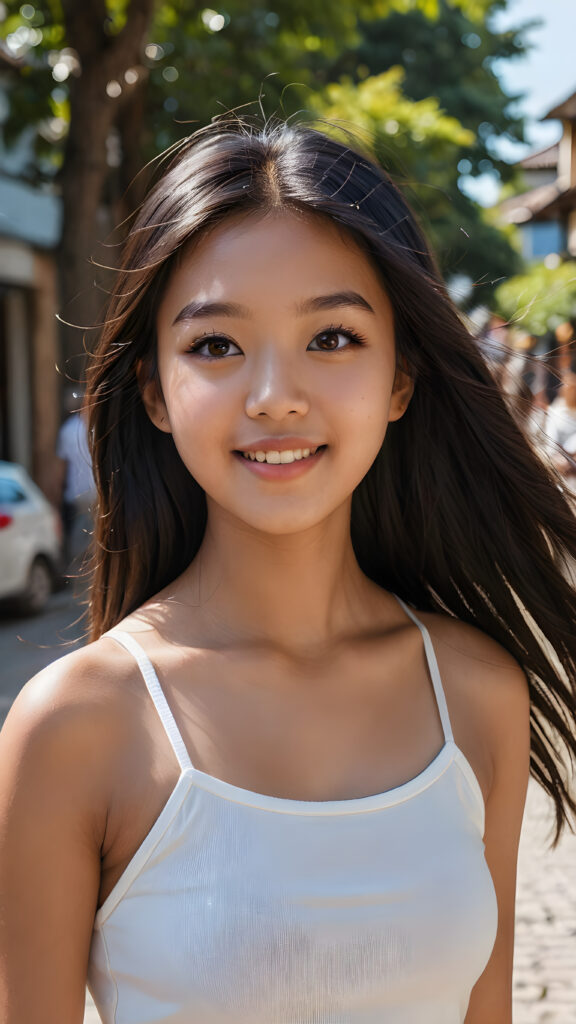 a realistic and detailed picture of my young brown-skinned Asian daughter, 16 years old, short crop top, ((angelic round face, amber eyes)), ((soft long straight jet obsidian black hair)), full lips, in a (((carefree, happy expression))), surrounded by an air of exuberance and vivacity against a ((natural, sunny backdrop)) ((perfect light and shadows))