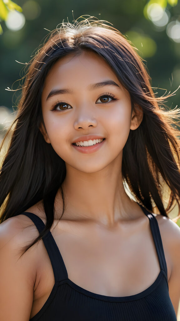 a realistic and detailed picture of my young brown-skinned Asian daughter, 16 years old, short crop top, ((angelic round face, amber eyes)), ((soft long straight jet obsidian black hair)), full lips, in a (((carefree, happy expression))), surrounded by an air of exuberance and vivacity against a ((natural, sunny backdrop)) ((perfect light and shadows))