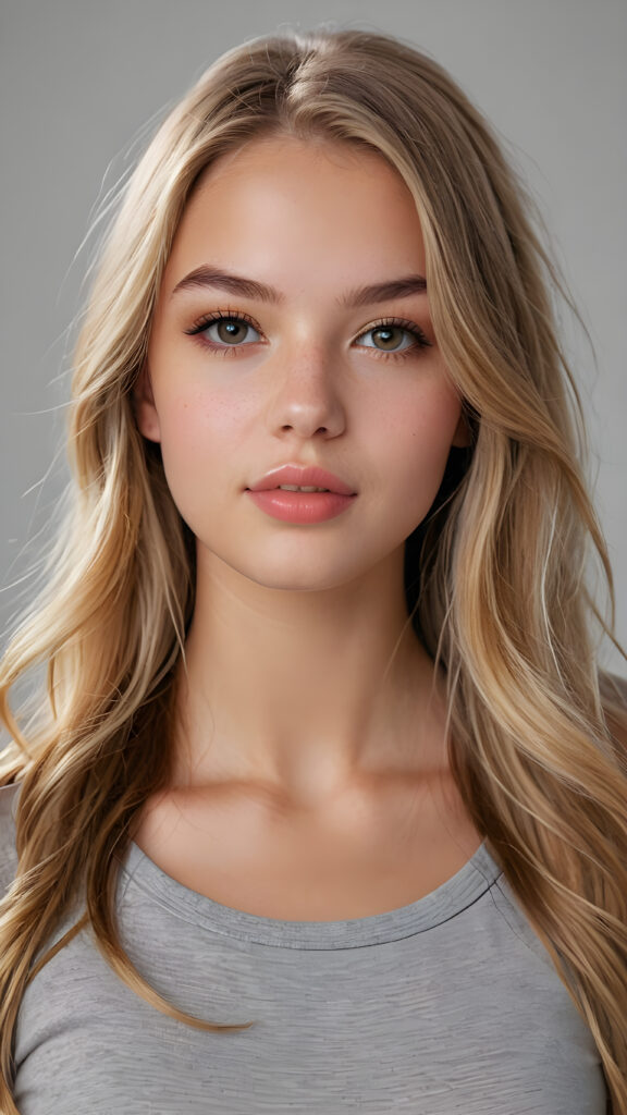 a realistic and detailed photo from a (((gorgeous stunning cute young perfectly curved american teenage girl))), with (((light brown-blonde very long soft jet hair))), featuring (((full lips))), and a (((small flawless round face))), wears a white thin short cropped t-shirt, ((grey background))