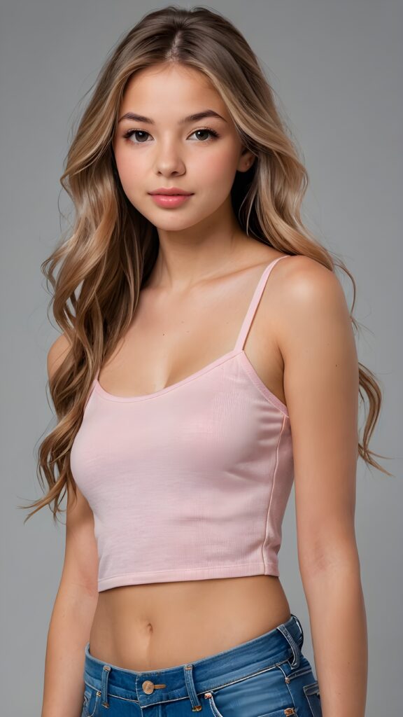 a realistic and detailed photo from a (((gorgeous stunning cute young perfectly curved teen model girl, thin spaghetti cropped light-pink tank top))), 15 years old, with (((light brown very long soft jet hair))), featuring (((full lips))), and a (((small flawless round face))) ((grey background))