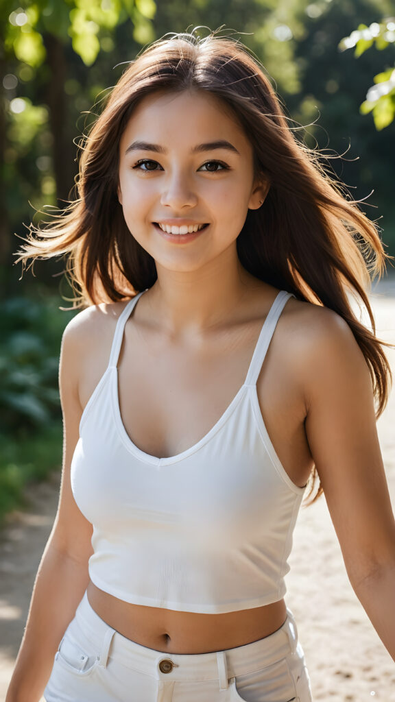 a realistic and detailed picture of my young daughter, 14 years old, in a plunge neck ((short crop tank top)), ((short white pants)), ((angelic round face)), ((soft long straight jet hair)) in a (((carefree, happy expression))), surrounded by an air of exuberance and vivacity against a ((natural, sunny backdrop)) ((perfect light and shadows))