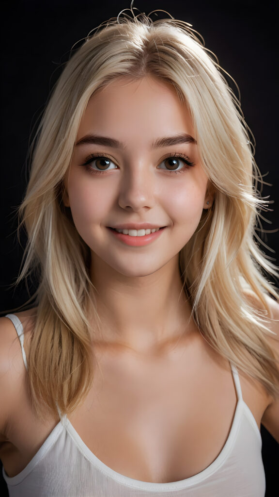 a realistic and detailed picture of my young daughter, 17 years old, short crop top, ((angelic round face, dark eyes)), ((soft long straight jet platinum-blonde hair)), full lips, in a (((carefree, happy expression))), surrounded by an air of exuberance and vivacity against a ((black backdrop)) ((perfect light and shadows))