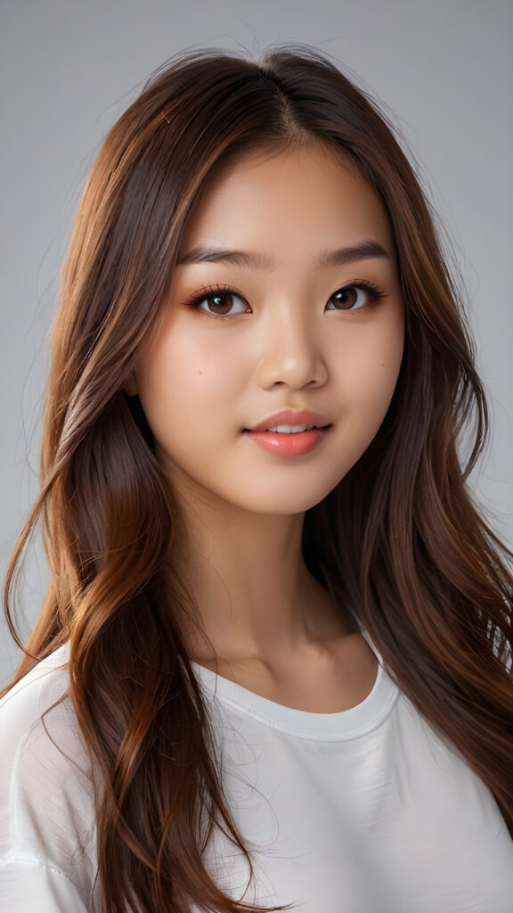 a realistic and detailed photo from a (((gorgeous stunning cute little perfectly curved Asian teenage girl, 13 years old))), looks seductive, slightly open mouth, full lips, white teeth, with (((light auburn-red very long soft jet hair))), featuring (((light amber eyes))), and a (((small flawless round face))), wears a white thin short cropped spaghetti t-shirt, ((grey background)) ((full-body)) ((side view))