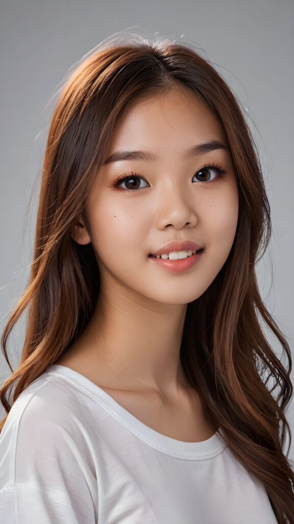 a realistic and detailed photo from a (((gorgeous stunning cute little perfectly curved Asian teenage girl, 13 years old))), looks seductive, slightly open mouth, full lips, white teeth, with (((light auburn-red very long soft jet hair))), featuring (((light amber eyes))), and a (((small flawless round face))), wears a white thin short cropped spaghetti t-shirt, ((grey background)) ((full-body)) ((side view))