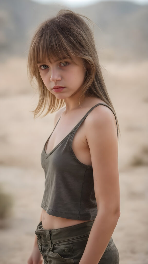 a realistic and detailed portrait of teen girl, 14 years old, in a plunge neck ((short crop tank top in (camouflage color))), perfect curved fit body, ((tattered short pants)), ((angelic round face)), ((red soft long straight hair)) ((desert landscape in backdrop)), ((side view))