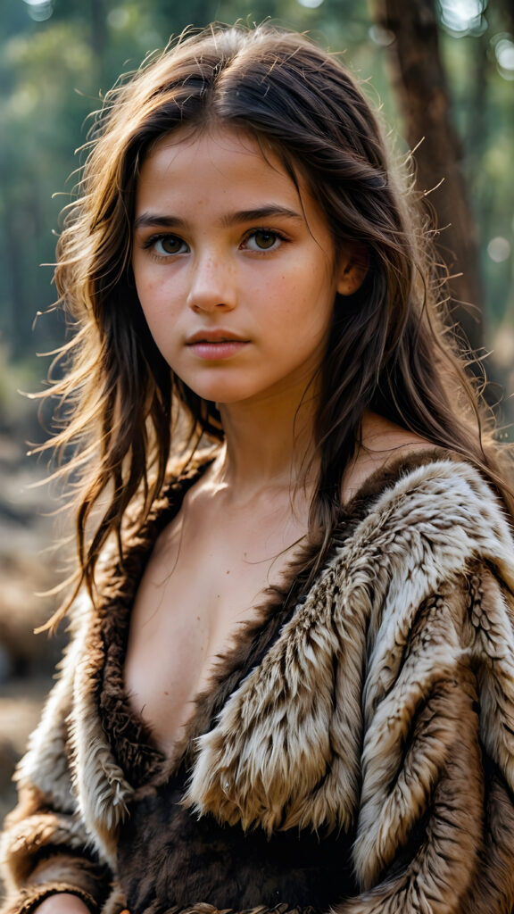 a realistic and detailed photograph of a young cute girl from the period 20000 BC, wears thin clothes made of animal fur and skin, messy long hair