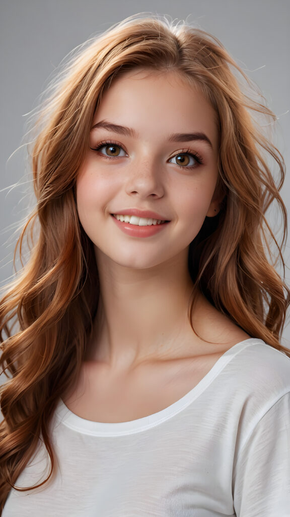 a realistic and detailed photo from a (((gorgeous stunning cute young perfectly curved teenage girl, 14 years old))), looks seductive, slightly open mouth, full lips, white teeth, with (((light auburn-red very long soft jet hair))), featuring (((light amber eyes))), and a (((small flawless round face))), wears a white thin short cropped spaghetti t-shirt, ((grey background)) ((full-body)) ((side view))