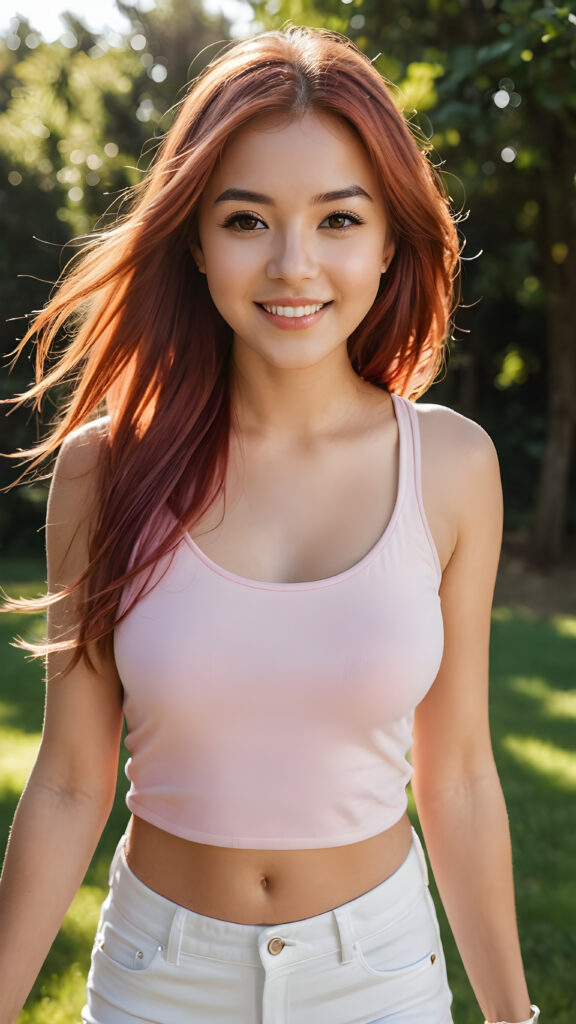 a realistic and detailed picture of my young daughter, in a plunge neck ((short pink crop tank top)), ((short white pants)), ((angelic round face)), ((auburn-red soft long straight hair)) in a (((carefree, happy expression))), surrounded by an air of exuberance and vivacity against a ((natural, sunny backdrop)) ((perfect light and shadows))