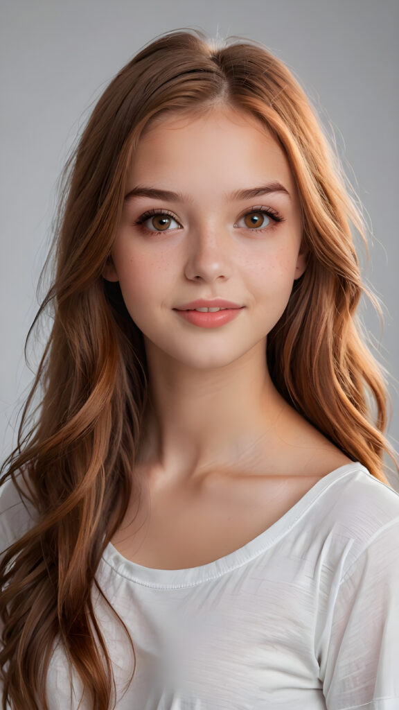 a realistic and detailed photo from a (((gorgeous stunning cute young perfectly curved teenage girl, 14 years old))), looks seductive, slightly open mouth, full lips, white teeth, with (((light auburn-red very long soft jet hair))), featuring (((light amber eyes))), and a (((small flawless round face))), wears a white thin short cropped spaghetti t-shirt, ((grey background)) ((full-body)) ((side view))