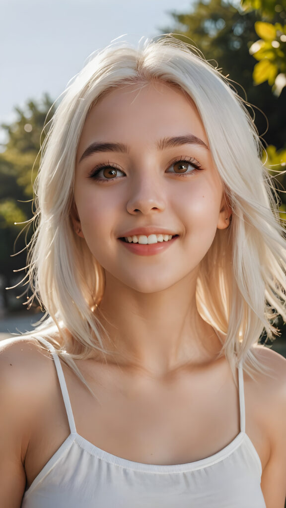 a realistic and detailed picture of my young daughter, 16 years old, short crop top, ((angelic round face, amber eyes)), ((soft long straight jet platinum white hair)), full lips, in a (((carefree, happy expression))), surrounded by an air of exuberance and vivacity against a ((natural, sunny backdrop)) ((perfect light and shadows))