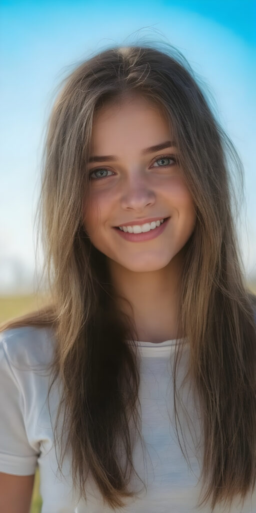 a realistic and detailed upper body portrait of a (((stunning))), ((gorgeous)), a young adult girl with straight soft long (((dark brown chocolate copper hair))), her hair falls gently over her upper body, it is the same length on both sides and ((vividly captivating (hazel eyes) that draw you in. She stands in a (sunlit meadow) under a clear blue sky, wearing a (soft, sheer cropped (white t-shirt). The overall atmosphere should convey a sense of innocent beauty and (softness), she smiles, open mouth, white teeth