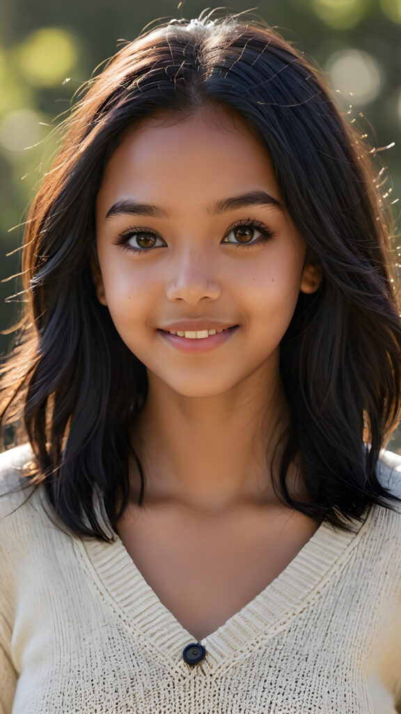 a realistic and detailed picture of my young brown-skinned Exotic daughter, 13 years old, in a plunge neck wool sweater, ((angelic round face, amber eyes)), ((soft long straight jet obsidian black hair)), full lips, in a (((carefree, happy expression))), surrounded by an air of exuberance and vivacity against a ((natural, sunny backdrop)) ((perfect light and shadows))