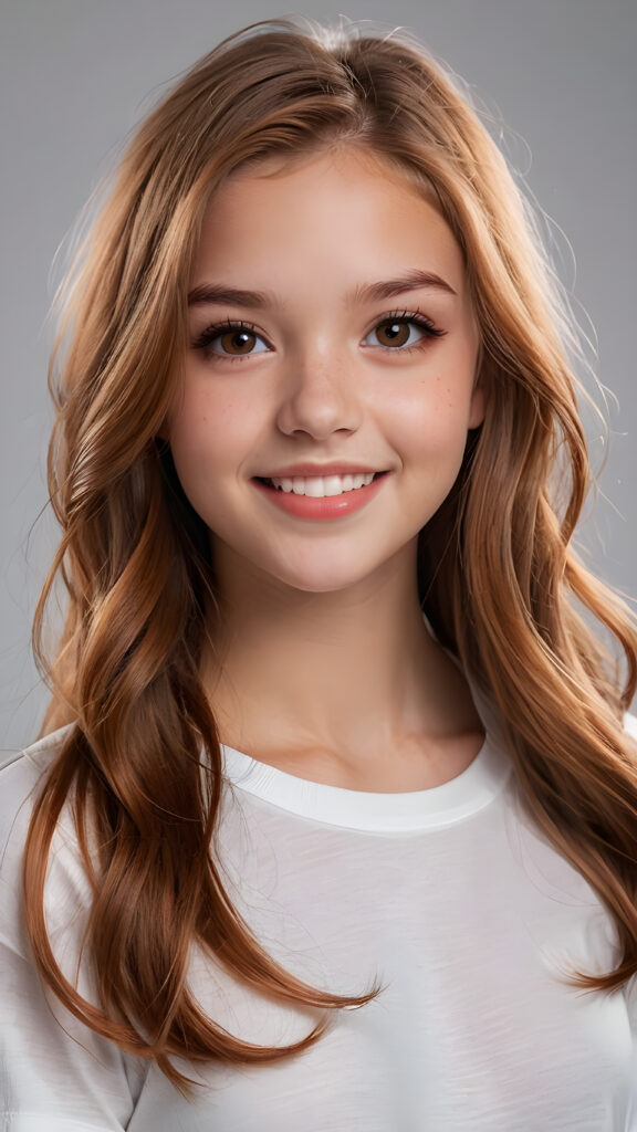 a realistic and detailed photo from a (((gorgeous stunning cute little perfectly curved teenage girl, 13 years old))), looks seductive, slightly open mouth, full lips, white teeth, with (((light auburn-red very long soft jet hair))), featuring (((light amber eyes))), and a (((small flawless round face))), wears a white thin short cropped spaghetti t-shirt, ((grey background)) ((full-body)) ((side view))