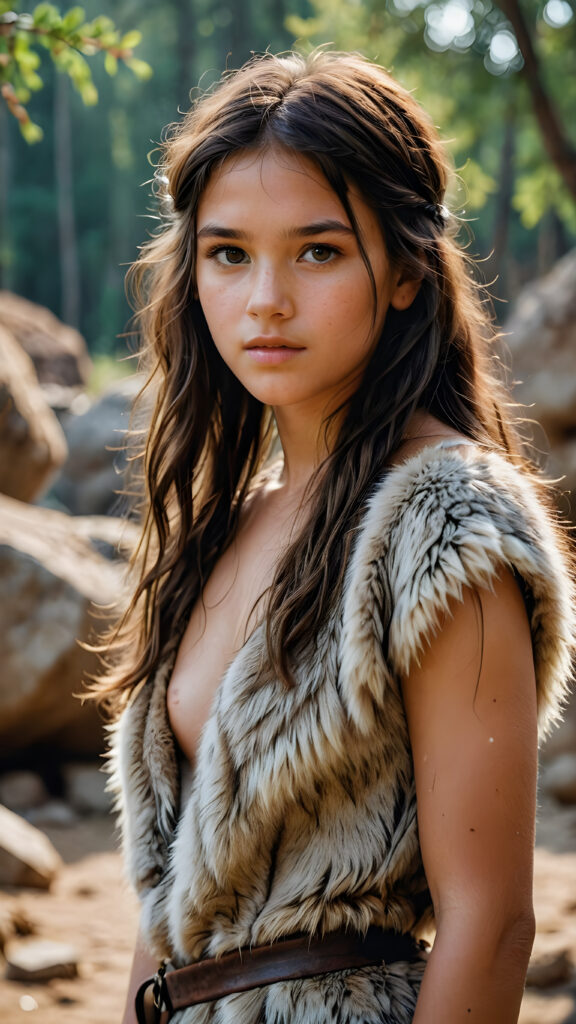 a realistic and detailed photograph of a young cute girl from the period 20000 BC, wears thin clothes made of animal fur and skin, messy long hair