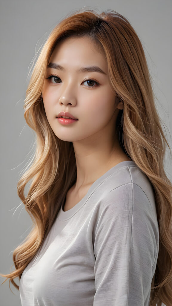 a realistic and detailed photo from a (((gorgeous stunning cute young perfectly curved Korean teen model girl))), with (((light brown-blonde very long soft jet hair))), featuring (((full lips))), and a (((small flawless round face))), wears a white thin short cropped t-shirt, ((grey background))