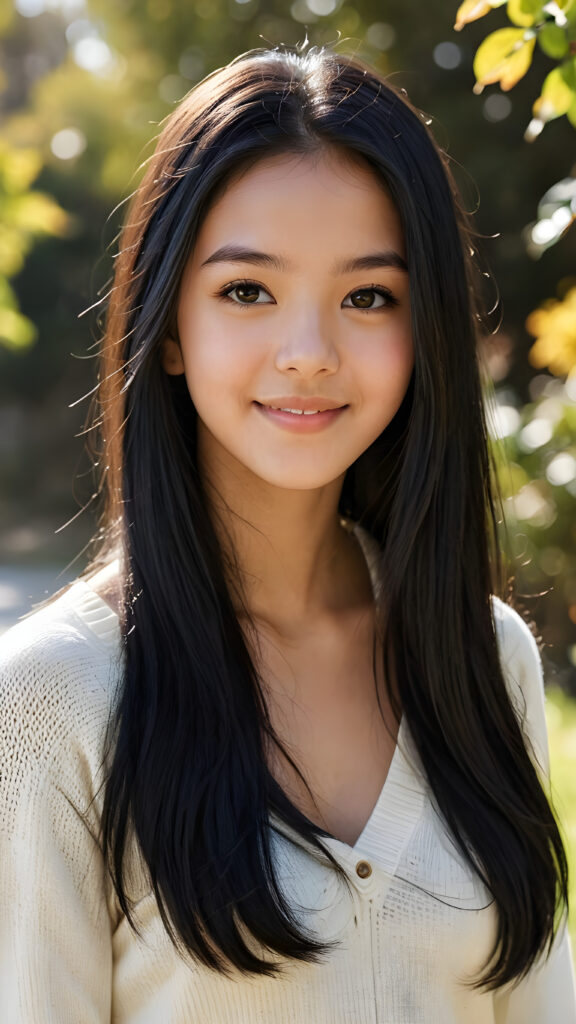 a realistic and detailed picture of my young Exotic daughter, 14 years old, in a plunge neck wool sweater, ((angelic round face)), ((soft long straight jet black hair)) in a (((carefree, happy expression))), surrounded by an air of exuberance and vivacity against a ((natural, sunny backdrop)) ((perfect light and shadows))