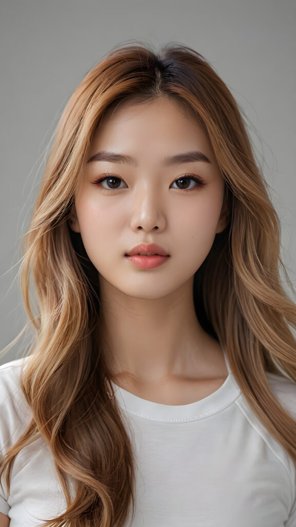 a realistic and detailed photo from a (((gorgeous stunning cute young perfectly curved Korean teen model girl))), with (((light brown-blonde very long soft jet hair))), featuring (((full lips))), and a (((small flawless round face))), wears a white thin short cropped t-shirt, ((grey background))