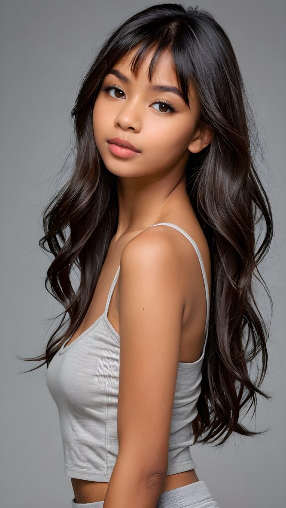 a realistic and detailed photo from a brown-skinned (((gorgeous stunning cute young perfectly curved Exotic teen model girl, thin spaghetti cropped light-grey tank top))), 15 years old, with (((light brown-black very long soft jet hair, bangs))), featuring (((full lips))), and a (((small flawless round face))) ((grey background))