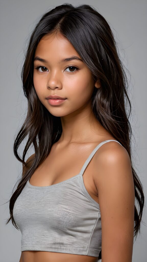 a realistic and detailed photo from a brown-skinned (((gorgeous stunning cute young perfectly curved Indigenous teen model girl, thin spaghetti cropped light-grey tank top))), 13 years old, with (((light brown-black very long soft jet hair, bangs))), featuring (((full lips))), and a (((small flawless round face))) ((grey background))