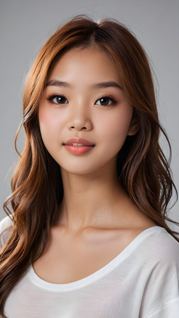 a realistic and detailed photo from a (((gorgeous stunning cute little perfectly curved Asian teenage girl, 13 years old))), looks seductive, slightly open mouth, full lips, white teeth, with (((light auburn-red very long soft jet hair))), featuring (((light amber eyes))), and a (((small flawless round face))), wears a white thin short cropped spaghetti t-shirt, ((grey background)) ((full-body)) ((side view))