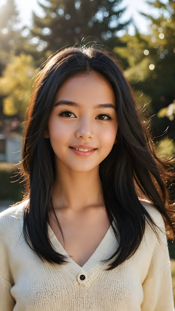 a realistic and detailed picture of my young Exotic daughter, 14 years old, in a plunge neck wool sweater, ((angelic round face)), ((soft long straight jet black hair)) in a (((carefree, happy expression))), surrounded by an air of exuberance and vivacity against a ((natural, sunny backdrop)) ((perfect light and shadows))