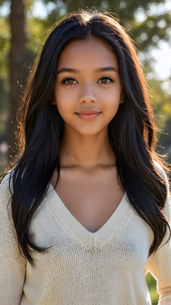 a realistic and detailed picture of my young brown-skinned Exotic daughter, 13 years old, in a plunge neck wool sweater, ((angelic round face, amber eyes)), ((soft long straight jet obsidian black hair)), full lips, in a (((carefree, happy expression))), surrounded by an air of exuberance and vivacity against a ((natural, sunny backdrop)) ((perfect light and shadows))