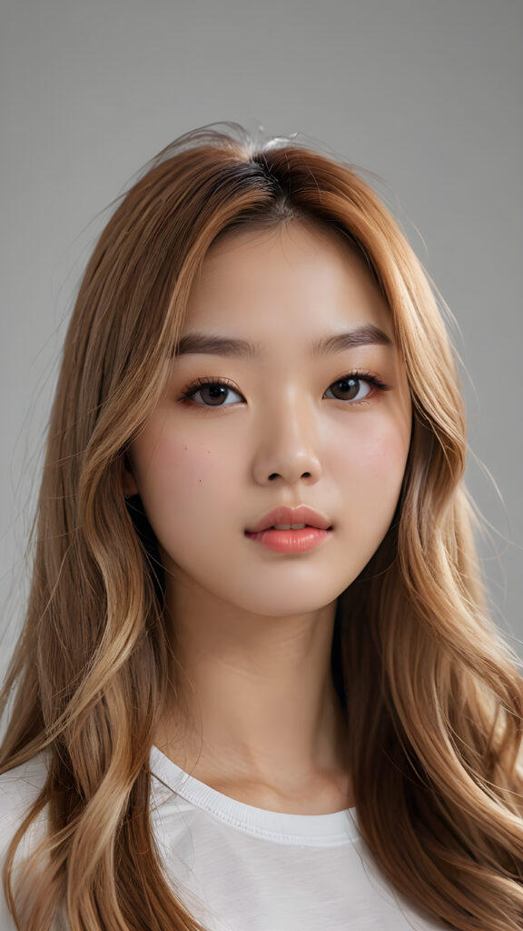 a realistic and detailed photo from a (((gorgeous stunning cute young perfectly curved Korean teen model girl))), with (((light brown-blonde very long soft jet hair))), featuring (((full lips))), and a (((small flawless round face))), wears a white thin short cropped t-shirt, ((grey background))