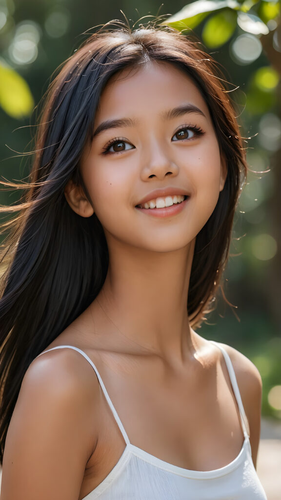 a realistic and detailed picture of my young brown-skinned Asian daughter, 16 years old, short crop top, ((angelic round face, amber eyes)), ((soft long straight jet obsidian black hair)), full lips, in a (((carefree, happy expression))), surrounded by an air of exuberance and vivacity against a ((natural, sunny backdrop)) ((perfect light and shadows))