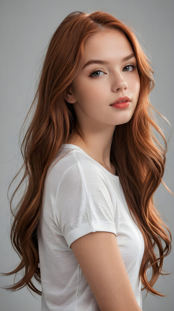 a realistic and detailed photo from a (((gorgeous stunning cute young perfectly curved teenage girl))), with (((light auburn-red very long soft jet hair))), featuring (((full lips))), and a (((small flawless round face))), wears a white thin short cropped spaghetti t-shirt, ((grey background)) ((full-body)) ((side view))