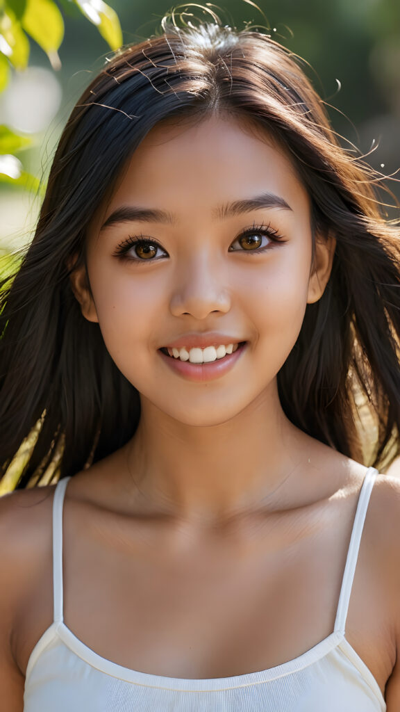 a realistic and detailed picture of my young brown-skinned Asian daughter, 16 years old, short crop top, ((angelic round face, amber eyes)), ((soft long straight jet obsidian black hair)), full lips, in a (((carefree, happy expression))), surrounded by an air of exuberance and vivacity against a ((natural, sunny backdrop)) ((perfect light and shadows))