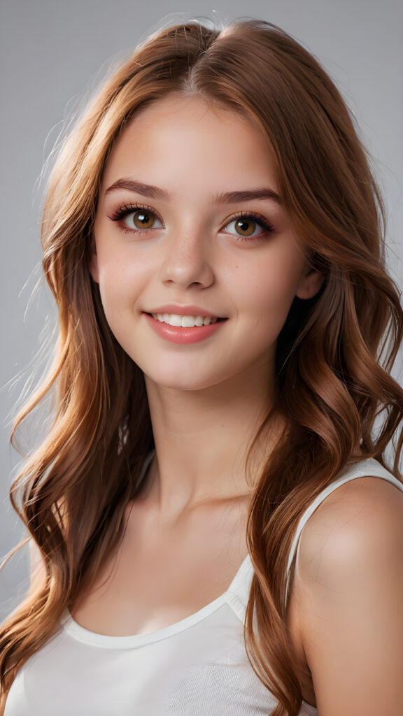 a realistic and detailed photo from a (((gorgeous stunning cute young perfectly curved teenage girl, 14 years old))), looks seductive, slightly open mouth, full lips, white teeth, with (((light auburn-red very long soft jet hair))), featuring (((light amber eyes))), and a (((small flawless round face))), wears a white thin short cropped spaghetti t-shirt, ((grey background)) ((full-body)) ((side view))