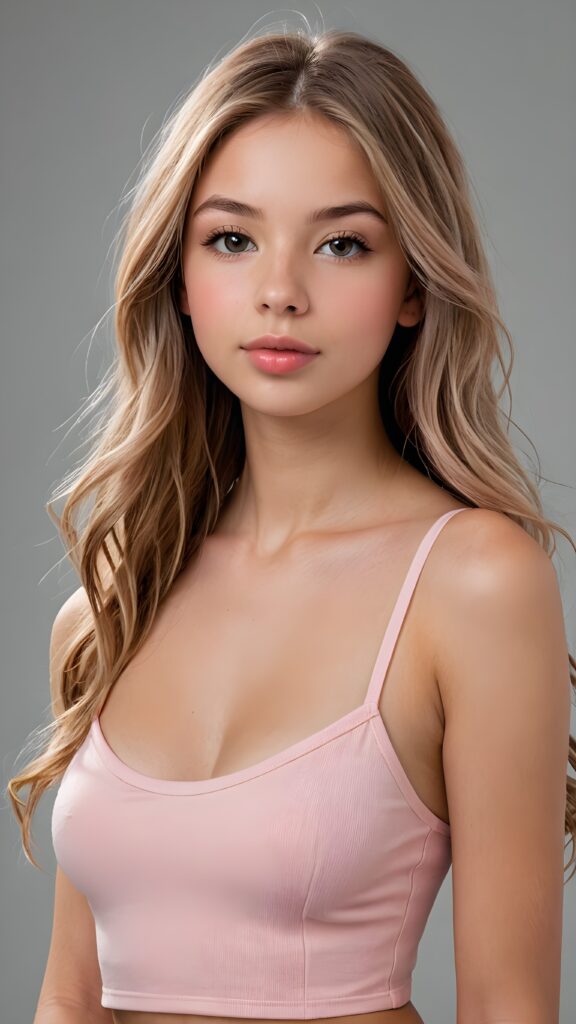 a realistic and detailed photo from a (((gorgeous stunning cute young perfectly curved teen model girl, thin spaghetti cropped light-pink tank top))), 15 years old, with (((light brown very long soft jet hair))), featuring (((full lips))), and a (((small flawless round face))) ((grey background))