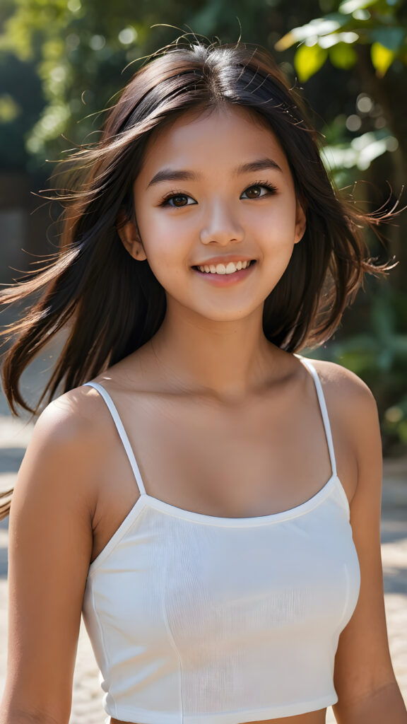 a realistic and detailed picture of my young brown-skinned Asian daughter, 16 years old, short crop top, ((angelic round face, amber eyes)), ((soft long straight jet obsidian black hair)), full lips, in a (((carefree, happy expression))), surrounded by an air of exuberance and vivacity against a ((natural, sunny backdrop)) ((perfect light and shadows))