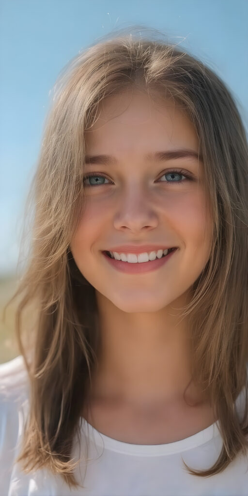 a realistic and detailed upper body portrait of a (((stunning))), ((gorgeous)), a young adult girl with straight soft long (((dark brown chocolate copper hair))), her hair falls gently over her upper body and ((vividly captivating (hazel eyes) that draw you in. She stands in a (sunlit meadow) under a clear blue sky, wearing a (soft, sheer cropped (white t-shirt). The overall atmosphere should convey a sense of innocent beauty and (softness), she smiles, open mouth, white teeth