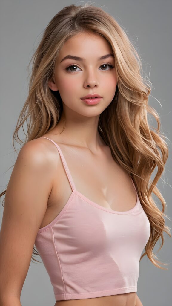 a realistic and detailed photo from a (((gorgeous stunning cute young perfectly curved teen model girl, thin spaghetti cropped light-pink tank top))), 15 years old, with (((light brown very long soft jet hair))), featuring (((full lips))), and a (((small flawless round face))) ((grey background))