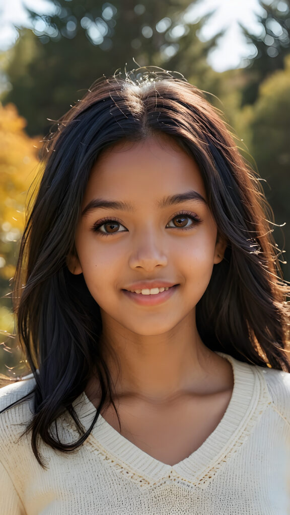 a realistic and detailed picture of my young brown-skinned Exotic daughter, 13 years old, in a plunge neck wool sweater, ((angelic round face, amber eyes)), ((soft long straight jet obsidian black hair)), full lips, in a (((carefree, happy expression))), surrounded by an air of exuberance and vivacity against a ((natural, sunny backdrop)) ((perfect light and shadows))