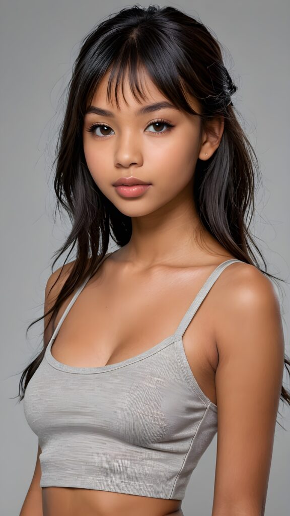 a realistic and detailed photo from a brown-skinned (((gorgeous stunning cute young perfectly curved Exotic teen model girl, thin spaghetti cropped light-grey tank top))), 15 years old, with (((light brown-black very long soft jet hair, bangs))), featuring (((full lips))), and a (((small flawless round face))) ((grey background))