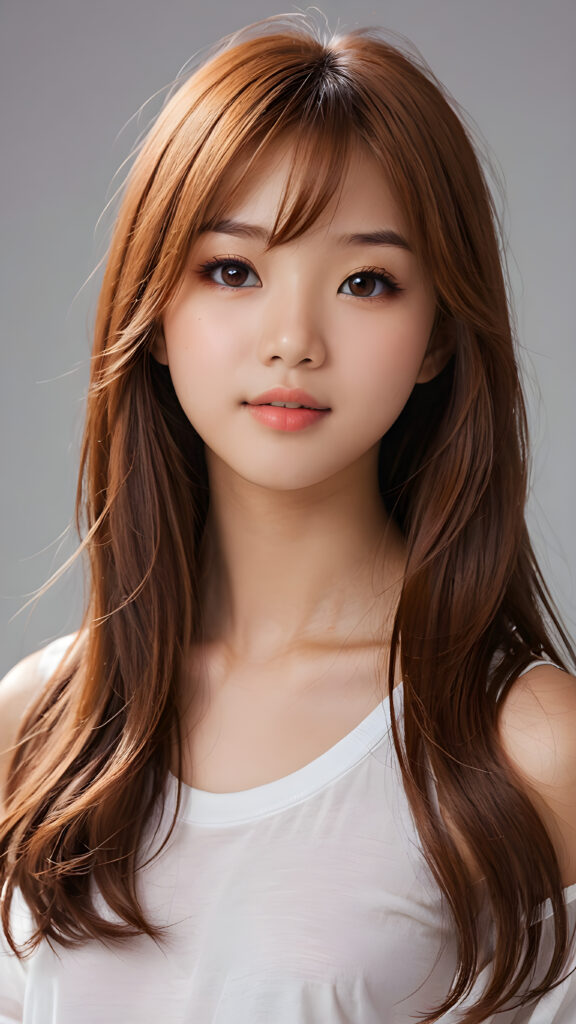 a realistic and detailed photo from a (((gorgeous stunning cute little perfectly curved Japanese teenage girlie, 13 years old))), looks seductive, slightly open mouth, full lips, white teeth, with (((light auburn-red very long soft jet hair))), featuring (((light amber eyes))), and a (((small flawless round face))), wears a white thin short cropped spaghetti t-shirt, ((grey background)) ((full-body)) ((side view))