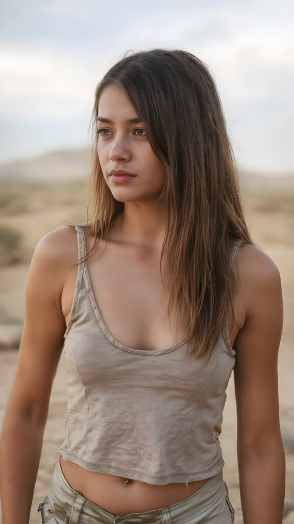 a realistic and detailed upper body portrait of a young well busty teen girl, 14 years old, in a plunge neck ((short crop tank top in (camouflage color))), perfect curved fit body, ((tattered short pants)), ((angelic round face)), ((red soft long straight hair)) ((desert landscape in backdrop)), ((side view))