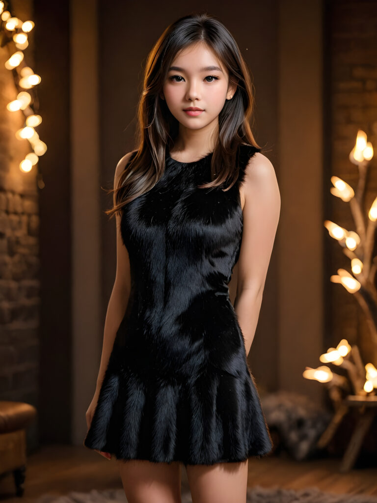 a realistic and detailed portrait of teen girl in a short cut fur dress, perfect curved fit body, black soft long straight hair ((firelight in backdrop))