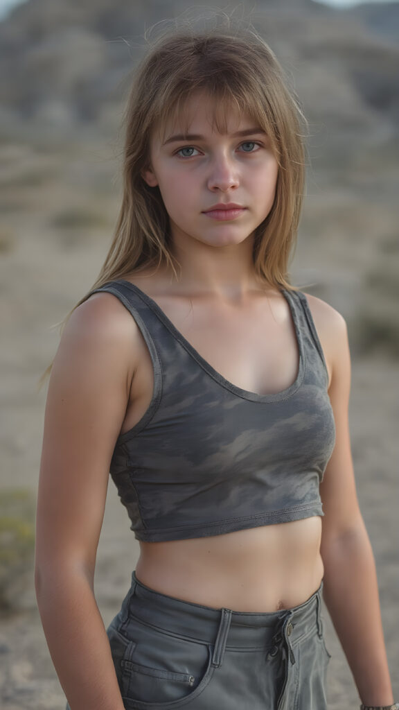 a realistic and detailed portrait of teen girl, 14 years old, in a plunge neck ((short crop tank top in (camouflage color))), perfect curved fit body, ((tattered short pants)), ((angelic round face)), ((red soft long straight hair)) ((desert landscape in backdrop)), ((side view))