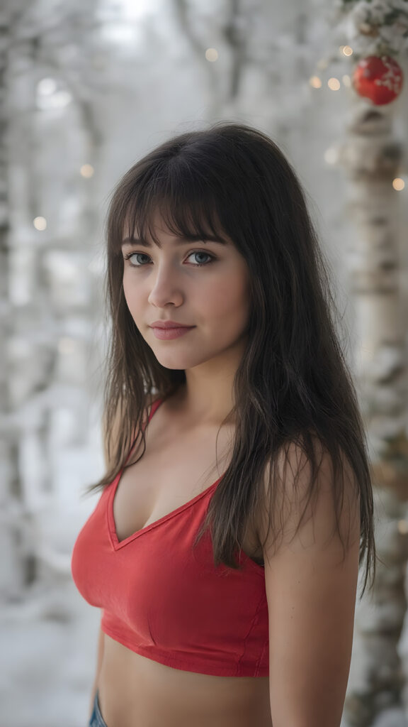 a realistic and detailed portrait of young busty teen girl, 14 years old, in a plunge neck ((red short crop tank top, perfect curved fit body, ((angelic round face)), ((soft straight jet black hair, bangs cut)) ((snowy forest in the background)), ((side view)), ((stunning)), ((gorgeous))