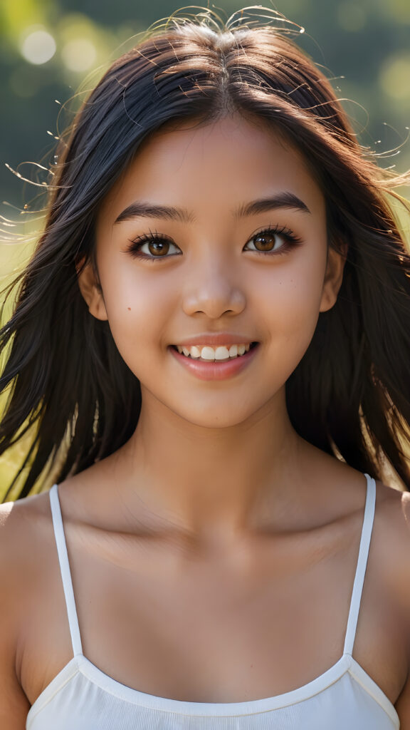 a realistic and detailed picture of my young brown-skinned Asian daughter, 16 years old, short crop top, ((angelic round face, amber eyes)), ((soft long straight jet obsidian black hair)), full lips, in a (((carefree, happy expression))), surrounded by an air of exuberance and vivacity against a ((natural, sunny backdrop)) ((perfect light and shadows))