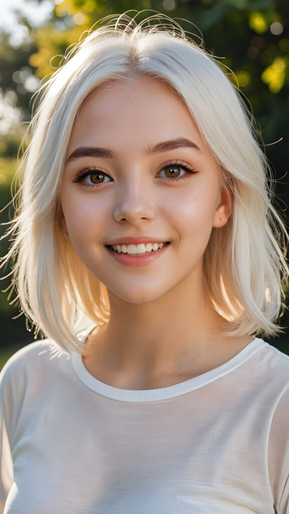 a realistic and detailed picture of my young daughter, 16 years old, short crop top, ((angelic round face, amber eyes)), ((soft long straight jet platinum white hair)), full lips, in a (((carefree, happy expression))), surrounded by an air of exuberance and vivacity against a ((natural, sunny backdrop)) ((perfect light and shadows))