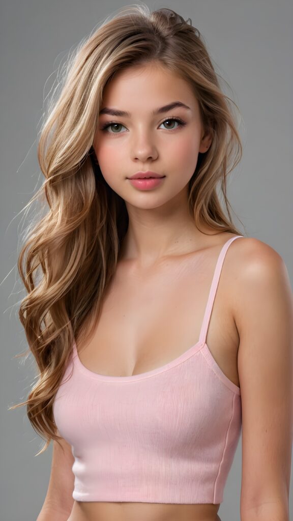 a realistic and detailed photo from a (((gorgeous stunning cute young perfectly curved teen model girl, thin spaghetti cropped light-pink tank top made of fine wool))), 15 years old, with (((light brown very long soft jet hair))), featuring (((full lips))), and a (((small flawless round face))) ((grey background))