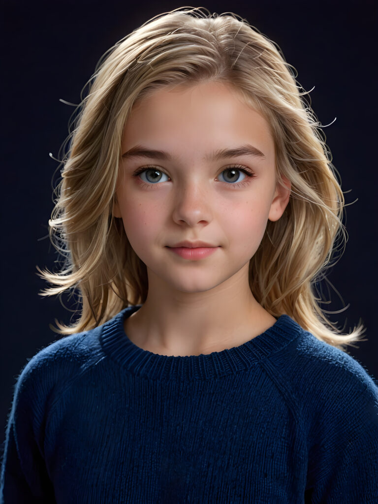 a realistic and detailed, dynamic photography of beautiful young ((teen girl, 13 years old)), with detailed straight soft blond hair, realistic and detailed eyes, looking into the camera, dynamic cinematic lights, perfect detailed round face, side view, wears a fine wool sweater in blue, ((upper body)), ((cute)), ((stunning)) ((dark background))