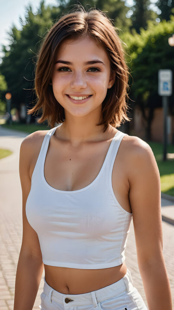 a realistic and detailed teen girl, upper body, brown hair, smile, emo style, white dressed, sport plain tank top, short pants, perfect curved body