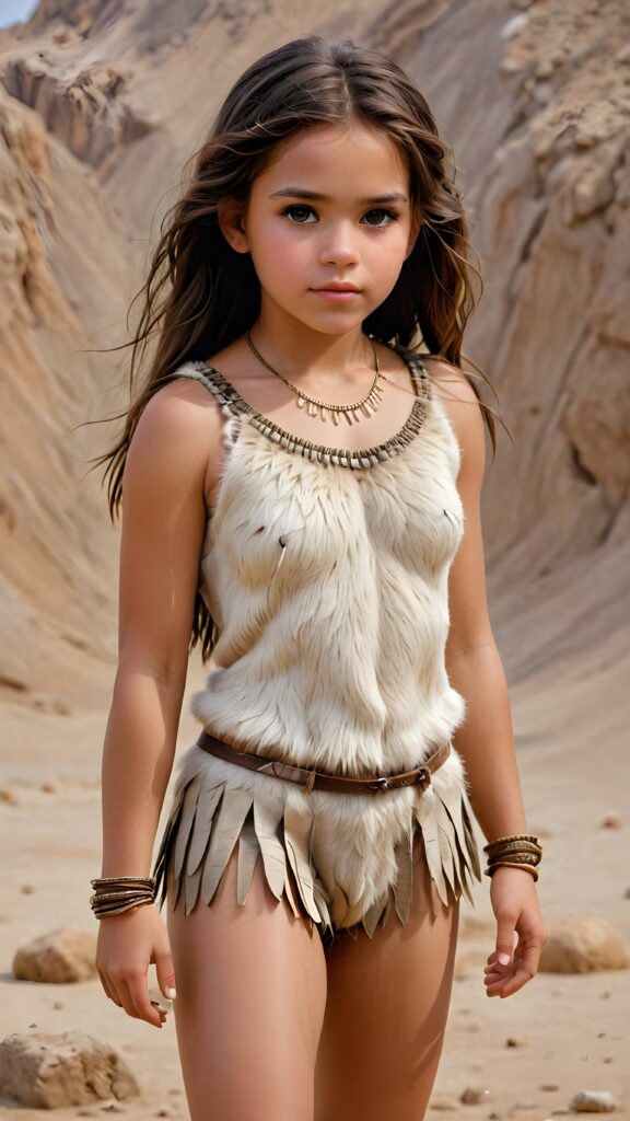 a realistic and detailed portrait of a young teen girl from the period 20000 BC, wears thin clothes made of animal fur and skin ((stunning)) ((gorgeous)) ((full body)) ((empty background))