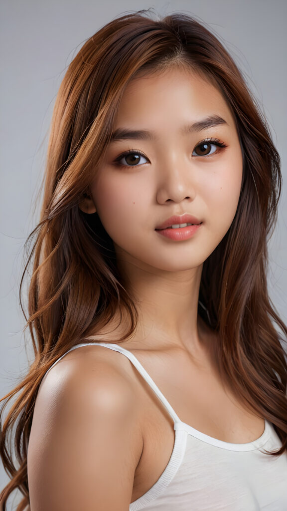 a realistic and detailed photo from a (((gorgeous stunning cute little perfectly curved Asian teenage girl, 13 years old))), looks seductive, slightly open mouth, full lips, white teeth, with (((light auburn-red very long soft jet hair))), featuring (((light amber eyes))), and a (((small flawless round face))), wears a white thin short cropped spaghetti t-shirt, ((grey background)) ((full-body)) ((side view))